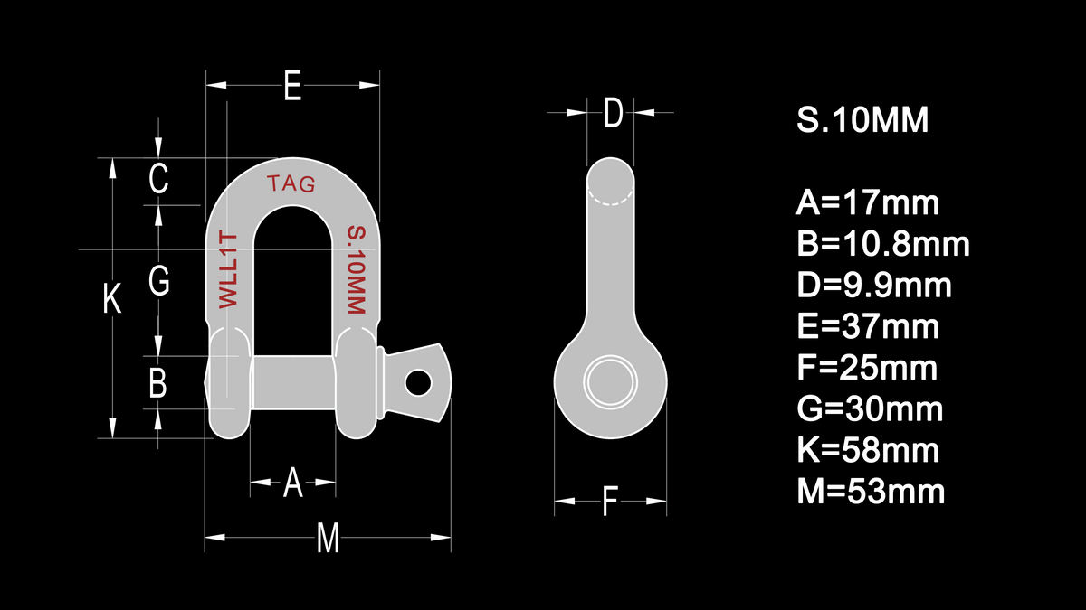 D-SHACKLE - 10MM THICK 1000KG, Carbon Steel, Galvanised BULK PACKED